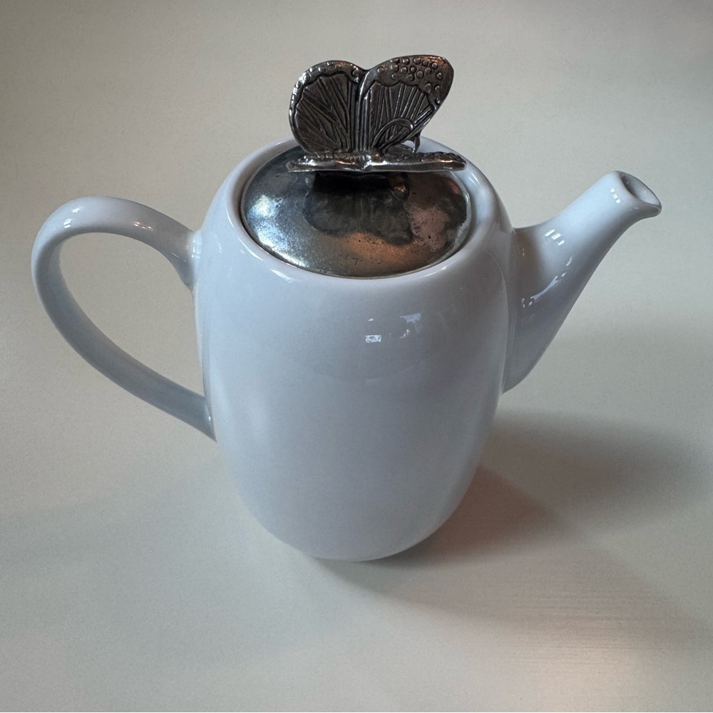 Vintage Pillivuyt French Porcelain Teapot with Italian Pewter Butterfly Lid
